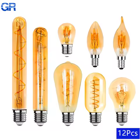12pcs Reteo Edison Light Bulb 220V E27 E14 C35 G45 A60 ST64 T45 T225 4W Vintage Spiral Led Filament 