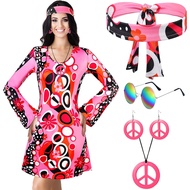 60s 70s Hippie Dress Costumes Necklace Earrings Sunglass Women Disco Outfit, 60s Party Costume, Halloween Retro Dresses