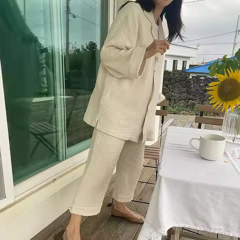 Sets For Women 2 Pieces 100% Cotton Muslin Long Sleeve Nightwear Button Up Pajamas Loose Trouser Sui