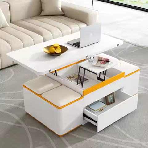 U-Can Lift-Top Coffee Table with 4 Storage Stools Saving Center Table Multi-Functional Adjustable Co