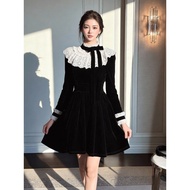 IBUY 2026 French Style Bow Lace Black Velvet Dress