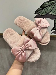 女士優雅絨面粉紅色蝴蝶結平底毛絨拖鞋,適用於情人節派對和家居穿著