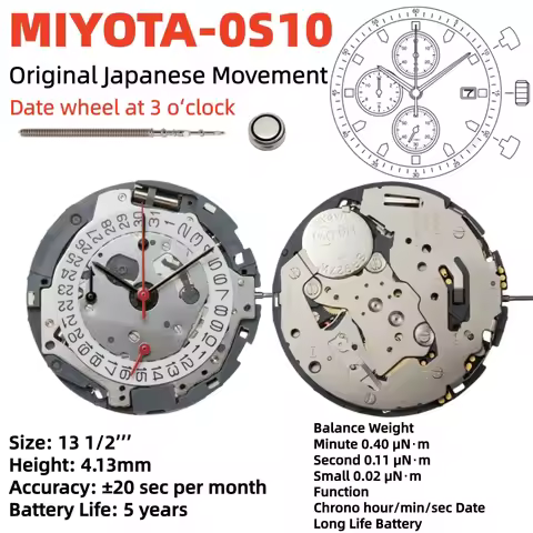 Miyota OS10 0S10 Quartz Chronograph Watch Movement 3 Hands Date SR927W Battery 13 1/2’’’ 4.13mm Watc