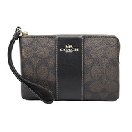 COACH 經典LOGO直條皮革系列拉鍊手拿包零錢包 胡桃x黑色 /平行輸入