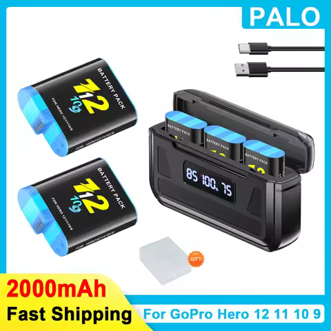 2000mAh Battery For GoPro Hero 12 Battery Pack Motion Camera Battery +LCD 3-Channel Charger For GoPr