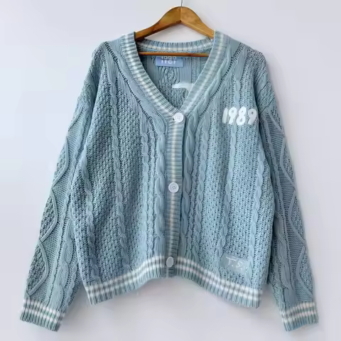 Women Loose Fit Blue 1989 TV Soft Knitted Cardigan Autumn Vintage Cozy Chunky Oversized Seagull Embr