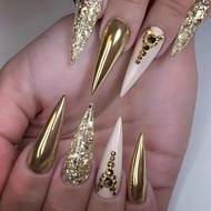 24Pcs Exquisite Zircon Crystal Gold Long Fake Nails with Glue DIY Art Design False Nails Wearable Na