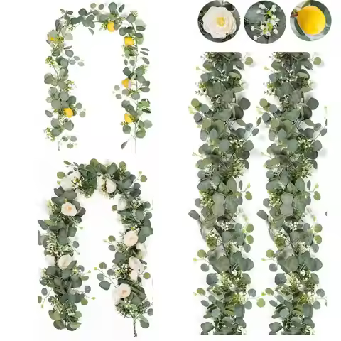 ⊹Artificial Eucalyptus Lemon Flowers Hanging Garland Fake Plants Wreath Floral Vine For Wedding Home