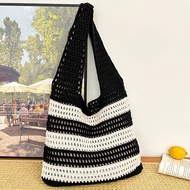 TEMU Women's Crochet Tote Bag - Vintage Striped Knit Shoulder Bag, Large Capacity, Handmade Crochet 