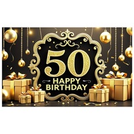 Happy 50th Birthday Backdrop,Happy Birthday Party Decoration, Black Gold Birthday Sign Poster Photo 