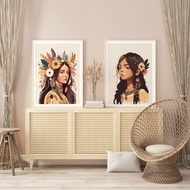 Set of 2 Boho Indian Tribal Girl Portrait With Feathers Flowers Poncho Colorful Eclectic Art _ Indig