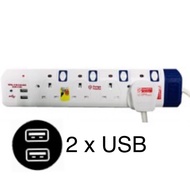 4 / 6 Way Gang 3 Pin Plug Top Portable Extension Safety Mark Socket with 2 USB and Surge Protector 3M/6M
