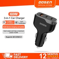 Dosen Car Charger Fast Charging 3 Ports 60W 1 USB 2 Type-C QC3.0 Compact Aluminum Shell 12-24V Safe 