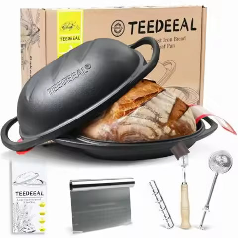 9.2 QT Heavy Duty Pre-seasoned Cast Iron Bread Pan, Large Loaf Dutch Oven with Lid, Sourdough Bread 