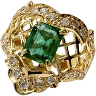 Pre-owned 18K gold ring with 0.45ct emerald and 0.19ct diamonds, size 9.5.