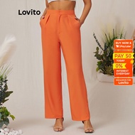 Lovito Casual Plain Wide Leg Basic Bright Mid Waist Square Pants For Woman L18D051 (Orange/Black) Celana Kulot Pertengahan Pinggang Polos Cerah Untuk Wanita L18D051 (Oranye)