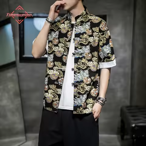 Chinese Style Men's Clothing Cotton Summer Shirts for Men Tang Suit Hanfu Short Sleeve Men's Shirts 