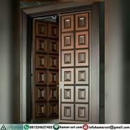 Pintu Utama Double, Pintu Kupu Tarung Minimalis Kayu Jati Motif Kotak