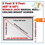 Manual Wall Ceiling Mount Projector Screen 5X5 5 Feet x 5 Feet 1:1 Screen Ratio 60 Inch X 60 Inch Ro