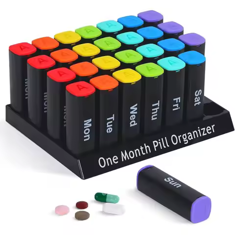 28-Day AM/PM Pill Organizer for Daily Medication and Supplements, Portable 4-Week Pill Box in Black