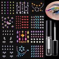 12 Sheets Face Rhinestone Stickers Set 1, Multi Shapes Flat Back Gems Star Heart Crystal Bling Face 