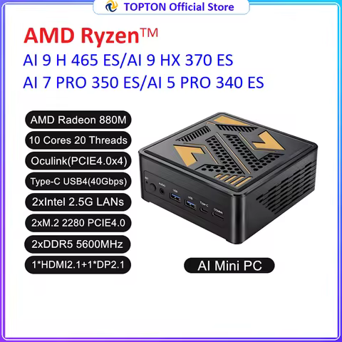 Topton Gaming Mini PC AMD Ryzen AI 9 H 465 HX 370 AI 7 PRO 350 ES USB4 2x2.5G LAN NVMe Windows 11 Of