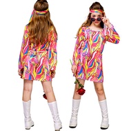 Boyroom 2023 new 2Pcs 60s 70s Outfit for Girls Kids Hippie Costume Bell Sleeve Print Disco Dress with Headband Halloween Cosplay Dancing Dress
