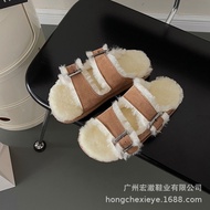 KKNYUDRZ ROSIG บากบั่น UGG Boken Cowhide ขนสัตว์หัวเข็มขัดสองเส้นรองเท้าแตะรองเท้าแตะสำหรับผู้หญิง R