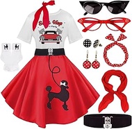 10Pcs Sock Hop Outfits Women, 1950s Poodle Skirts, Poodle T-Shirt with 50s Accessories Socks Scarf H