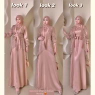 Dress Aurora Fuji Set 2 in 1 Gamis Inner Satin Silk Velvet Kombinasi Outer Cardigan Brokat Payet Mutiara Outfit Kondangan Bridesmaid Wisuda Pesta Pernikahan Kekinian