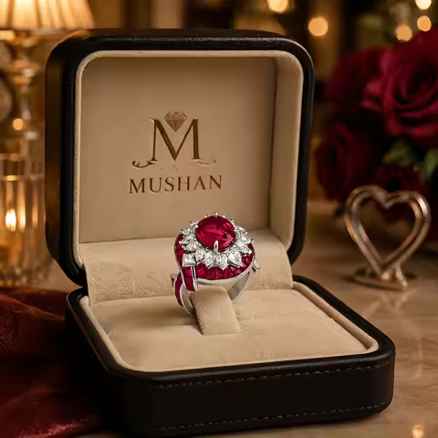 MuShan Luxury Jewelry 925 Sterling Silver Ring Band Lab Grown Pigeon Blood Red Ruby Gemstones Rings 