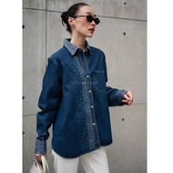 Diamond-Decorated Denim Shirt With Front Stripes Diamond Cover