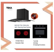 Teka NCW90 T30 Stainless Steel Self Cleaning Hood System (1500m3/h) + Ceramic Hob VTCM 700.3 + Built In Oven TL615B (8 Cooking Functions) with Ducting Set