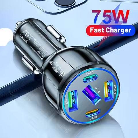 75W 5 Ports USB Car Charger PD Type C Fast Charging Charger In Car For iPhone Samsung Xiaomi Huawei 