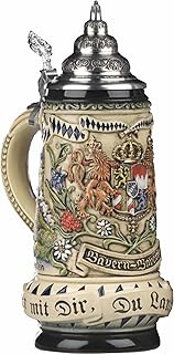 German Beer Stein Rustic Bavaria Stein, State Coat of Arms in centre panel, flanked by views of Muni