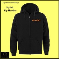 Black Zip Hoodie Jaket Logo Sulam New Aruba networks Cotton  Embroidery