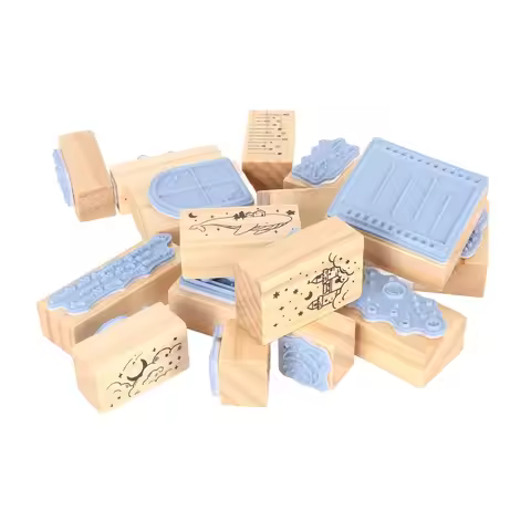 16pcs Clear Imprint Wooden Rubber Stamp Set Moon Cloud Scenery Delicate Carving Decorative Wood Stam