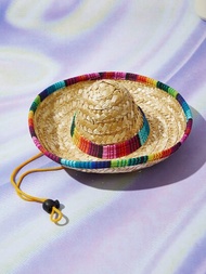 1頂調節下巴帶的墨西哥風格寵物草帽,完美適用於音樂節/防曬裝扮