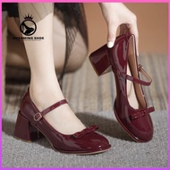 Red Mary Jane Shoes High Heels Glossy Leather Korean School Shoes For Women With Block Heels