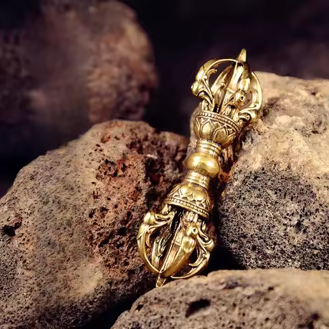 Vintage Brass Vajra Tibetan Buddhist Lama Demon-subduing Vajra Sceptre Decor Hand Carving Fengshui O