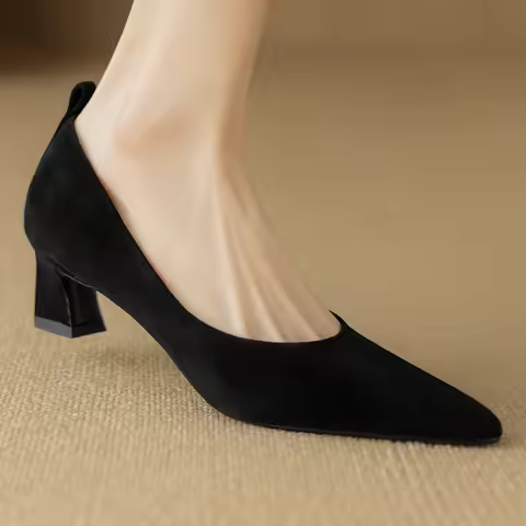 Women's natural suede leather 4.5cm thick med heel pointed toe slip-on pumps elegant ladies OL style