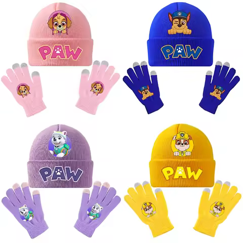 Cute PAW Patrol Knitted Hat Gloves Set Cute Cartoon Outdoor Activities Keep Warm Cap Fashion Boys Gi