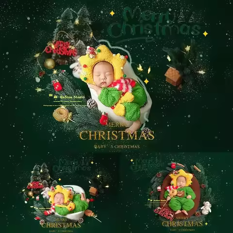 Newborn Photography Props for Baby Christmas Photoshoot Green Backdrop Outfit Set X'mas Tree Decors 