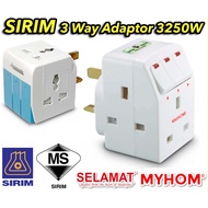 SELAMAT MYHOM 13A 3 Way Adaptor Plug Adapter Socket Extension With Neon Switch SIRIM Adaptor SA-32 131UK