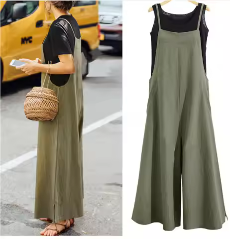 Women Straps Jumpsuit Summer Solid Color Wide Leg Pants Dungaree Bib Overalls Casual Loose Sleeveles