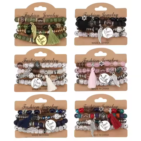 4Pcs Bohemian Beaded Bracelet Set For Women I Love You Letter Round Wing Tassel Charm Elastic Chain 