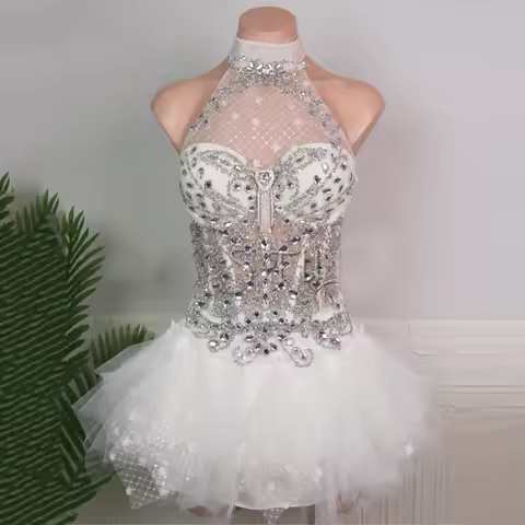 Bar Nightclub DJ Stage Jazz Dance Costume Women Rhinestones Lace Party Dress Festival Outfits Pole D