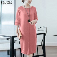 ZANZEA ชุดเดรสผู้หญิงผ้าฝ้ายลินิน Sundress Summer Beach Plain Baggy Kaftan Midi T-Shirt Dress #8