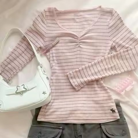 Women's tops Pink Cute Long T-shirt Gyaru Y2k Clothes Stripe Blouses Aesthetic Vintage Korea 90s Tee