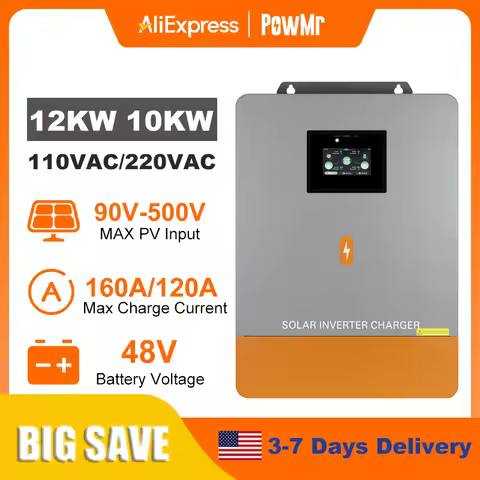 PowMr 12KW 10KW Split Phase Inverter 110V or 220V Hybrid Solar Inverter 48V Dual MPPT Output Off Gri